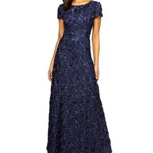 ALEX EVENINGS Navy Sequin Lace Rosette Soutache Embroidered A-Line Gown sz16